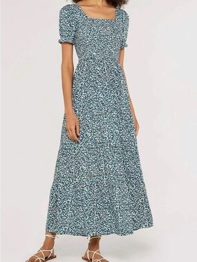 Floral Square-Neck Maxi Dress in Teal